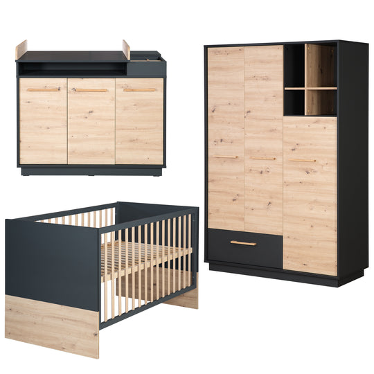 Kinderzimmerset 'Lenn' 3-teilig - Bett 70x140 + Wickelkommode + Kleiderschrank 3-türig