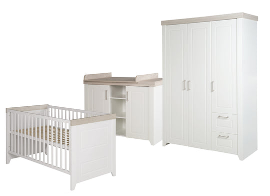 Conjunto de habitación infantil 'Felicia', incluye cuna combinada 70 x 140 cm, cómoda para cambiar y armario de 3 puertas, roble Luna/blanco