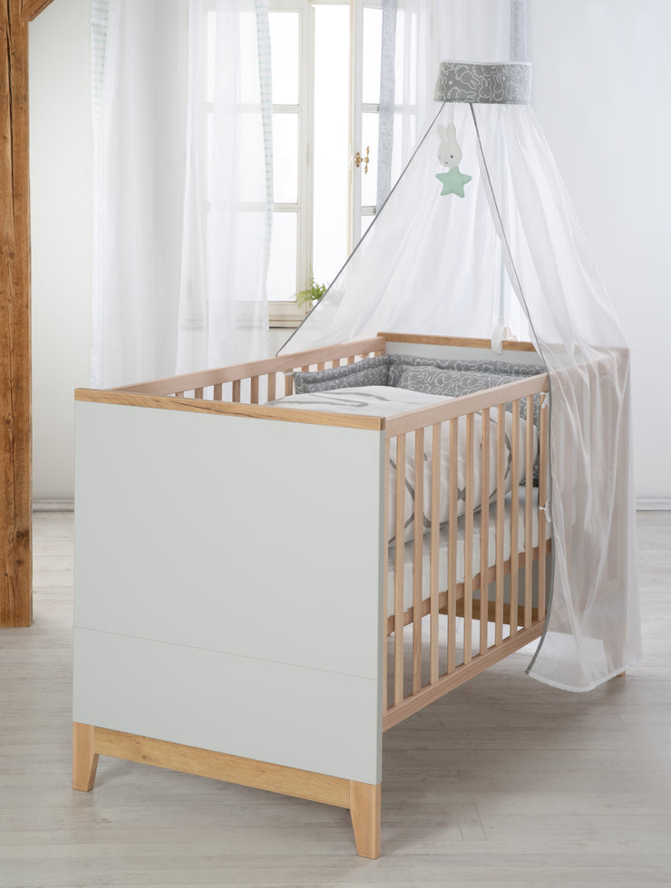 Juego de habitación infantil 'Caro', incluye cama combinada 70 x 140 cm, cambiador y armario de 3 puertas, gris claro / roble dorado