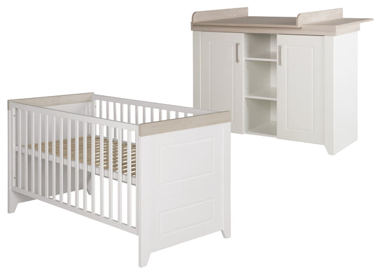 Conjunto de habitación 'Felicia', incluye cuna combinada 70 x 140 cm y cómoda para cambiar ancha, roble Luna/blanco