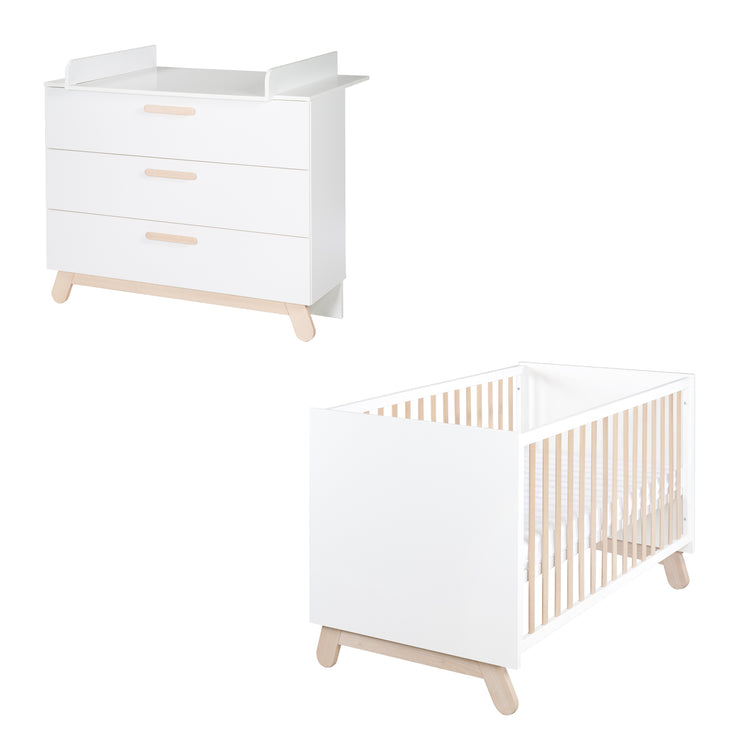 Furniture Set 'Clara' incl. convertible cot 70 x 140 cm & changing table dresser in white/nature