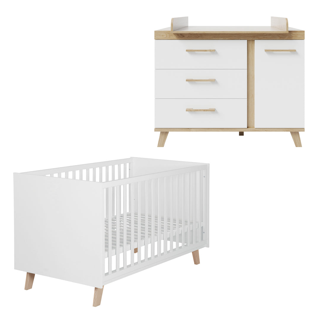 Conjunto de muebles 'Smile' 2 piezas - Cuna combinada 70x140 + Cómoda para cambiar pañales - Artisan Oak / Blanco