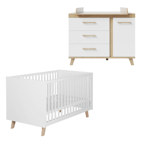 Conjunto de muebles 'Smile' 2 piezas - Cuna combinada 70x140 + Cómoda para cambiar pañales - Artisan Oak / Blanco
