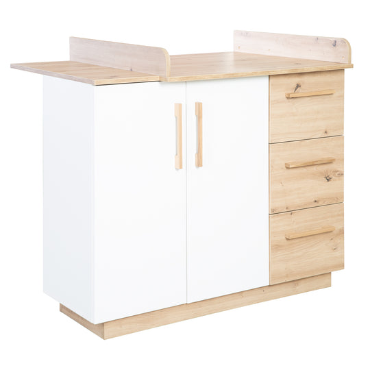 Furniture Set 'Lion' 2-Piece - Convertible Children's Bed 70x140 cm + Wide Changing Table - White - Decor 'Artisan Oak'