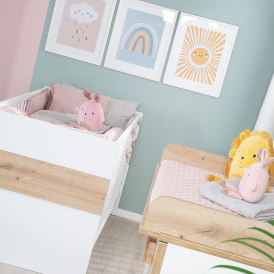 Furniture Set 'Lion' 2-Piece - Convertible Children's Bed 70x140 cm + Wide Changing Table - White - Decor 'Artisan Oak'