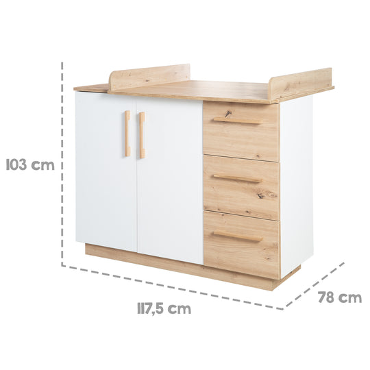 Furniture Set 'Lion' 2-Piece - Convertible Children's Bed 70x140 cm + Wide Changing Table - White - Decor 'Artisan Oak'