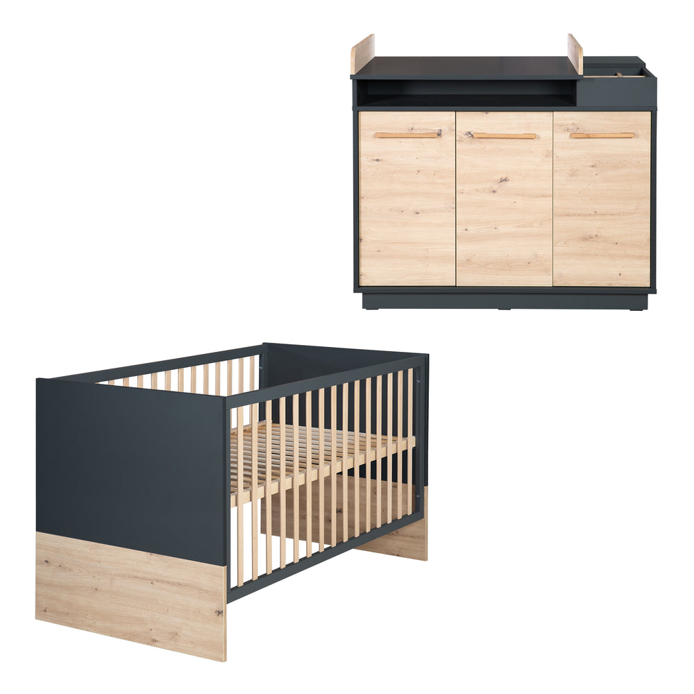 Furniture Set 'Lenn' - Convertible Children's Bed 70x140 cm + Changing Table - Anthracite - Decor 'Artisan Oak'