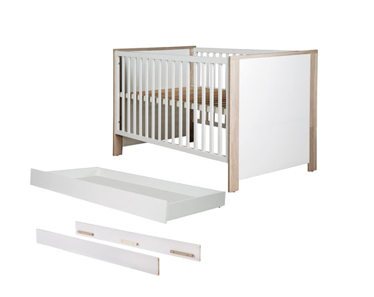 Bed Set 'Olaf' including Convertible Bed 70 x 140 cm, Conversion Sides & Bed Drawer, Luna Elm/White