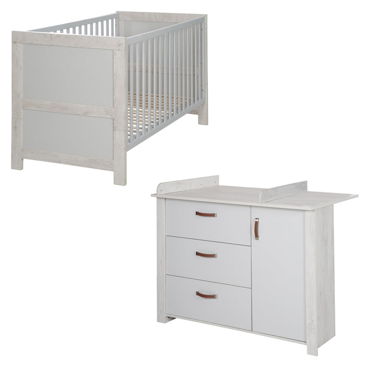 Möbelset 'Mila', inkl. Baby-/ Kinderbett 70 x 140 cm & Wickelkommode, grau/weiß