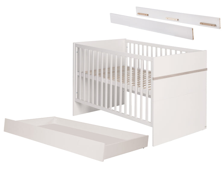 Bed set 'Moritz' incl. Bed 70 x 140 cm incl. Slatted frame, conversion sides and bed box, white / Luna Elm