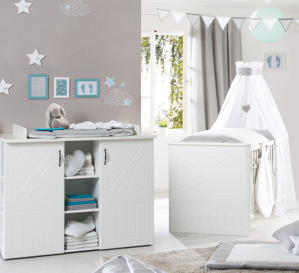Children's Room Set 'Constantin', including Convertible Bed 70 x 140 cm & Changing Table, White with Carvings