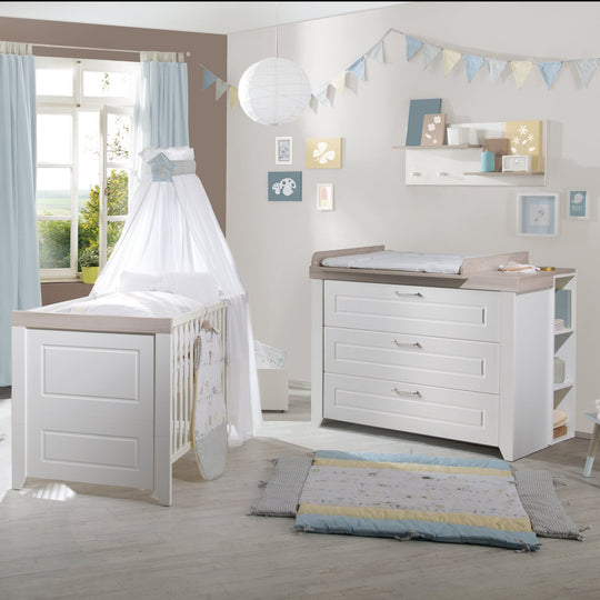 Conjunto de habitación 'Felicia', incluye cuna combinada 70 x 140 cm, cómoda para cambiar y armario de 3 puertas, roble Luna/blanco