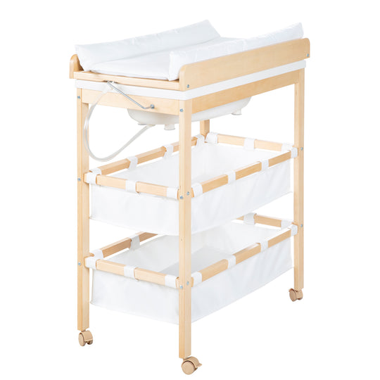 Bath-Changing Combo 'Baby Pool', Foldable Table with Bath, Natural Wood, Changing Pad White