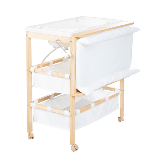 Bath-Changing Combo 'Baby Pool', Foldable Table with Bath, Natural Wood, Changing Pad White
