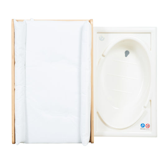 Bath-Changing Combo 'Baby Pool', Extendable Table with Bathtub, Wood Natural, Pad White