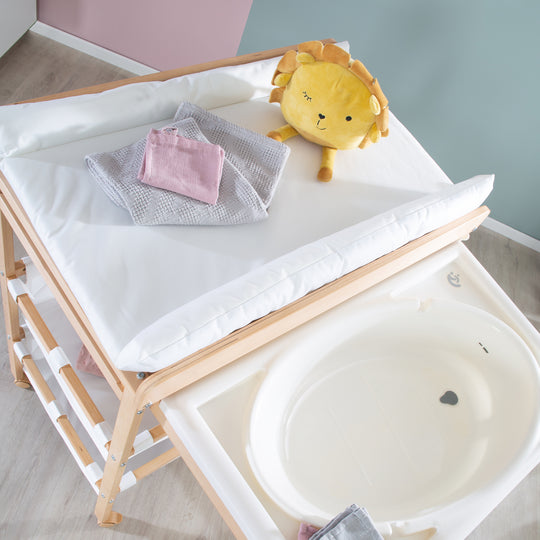 Bath-Changing Combo 'Baby Pool', Extendable Table with Bathtub, Wood Natural, Pad White