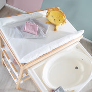 Vasca fasciatoio "Baby Pool", tavolo pieghevole con vasca da bagno, legno naturale, copertura bianca