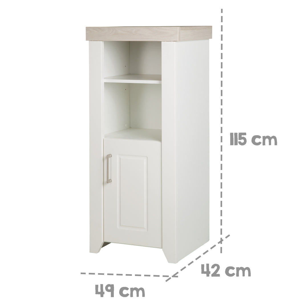 Estante independiente 'Felicia' con carcasa en decoración blanca, frentes Canadian White, cornisa en decoración Luna Elm