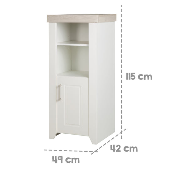 Estante independiente 'Felicia' con carcasa en decoración blanca, frentes Canadian White, cornisa en decoración Luna Elm