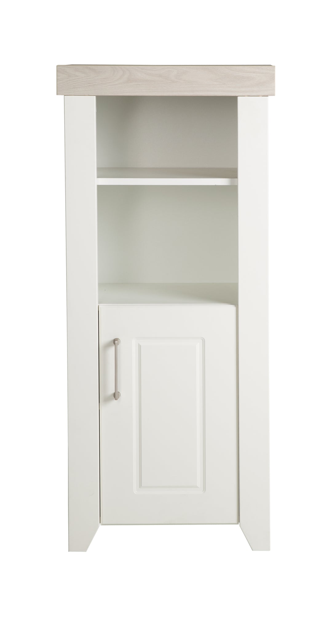 Estante independiente 'Felicia' con carcasa en decoración blanca, frentes Canadian White, cornisa en decoración Luna Elm