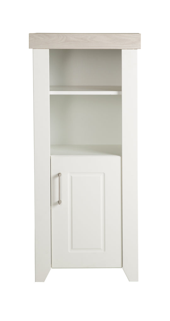 Estante independiente 'Felicia' con carcasa en decoración blanca, frentes Canadian White, cornisa en decoración Luna Elm
