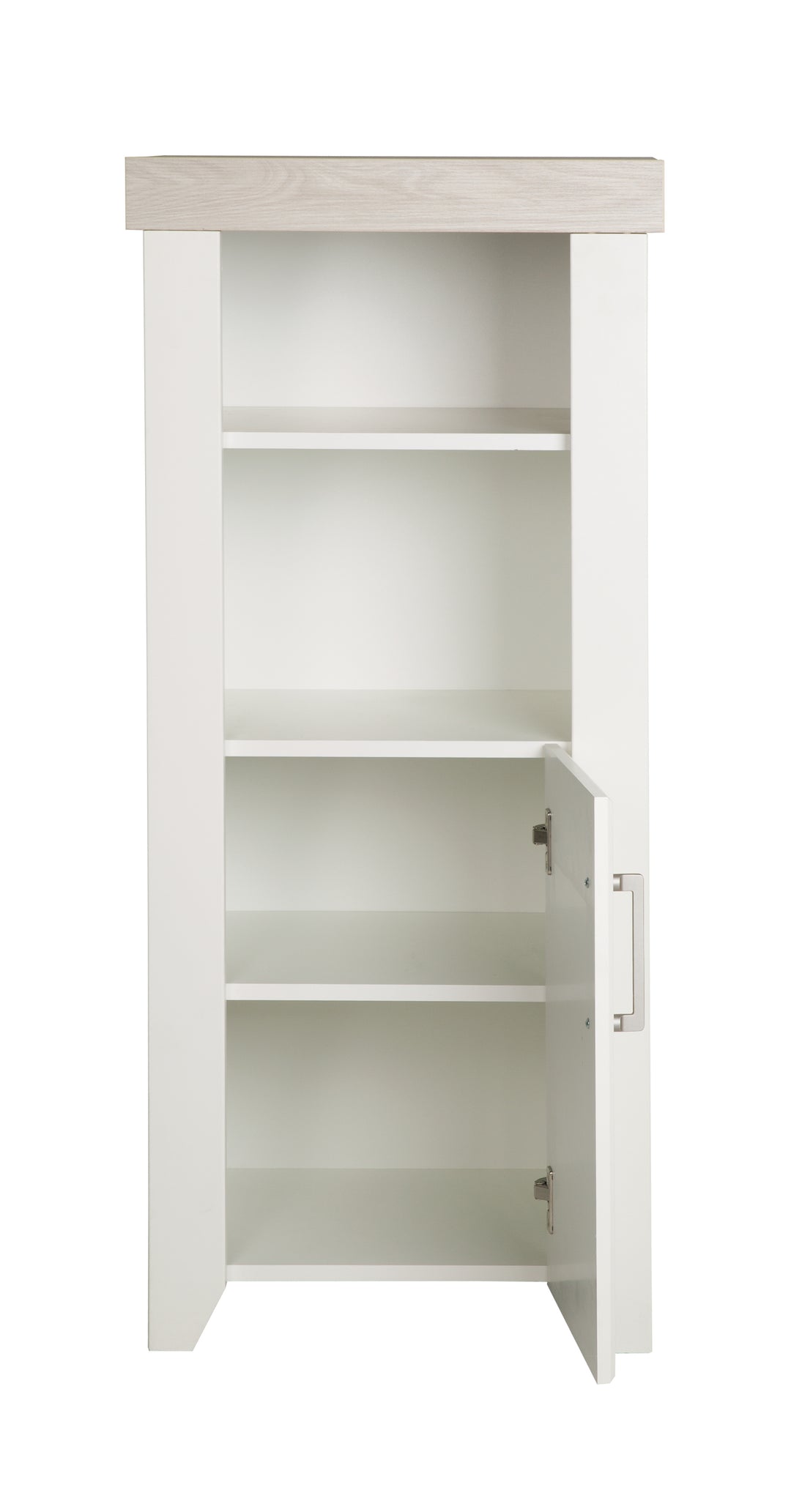 Estante independiente 'Felicia' con carcasa en decoración blanca, frentes Canadian White, cornisa en decoración Luna Elm