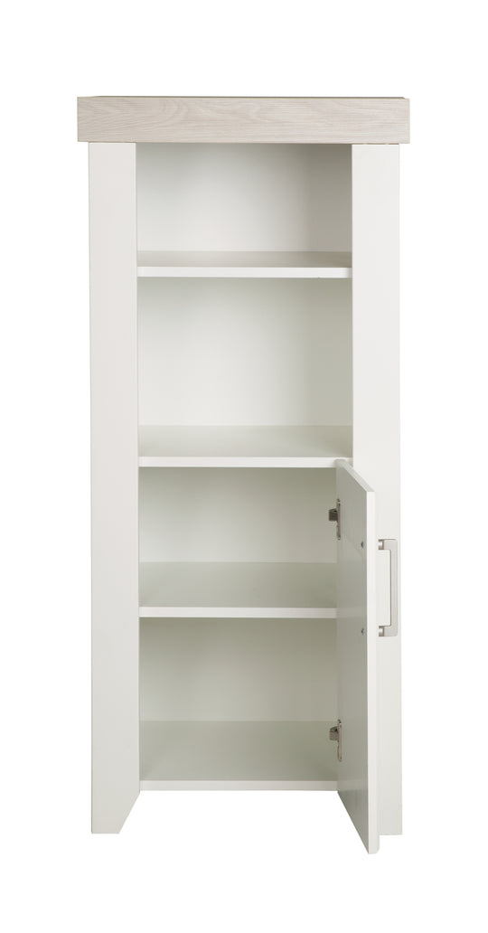 Estante independiente 'Felicia' con carcasa en decoración blanca, frentes Canadian White, cornisa en decoración Luna Elm