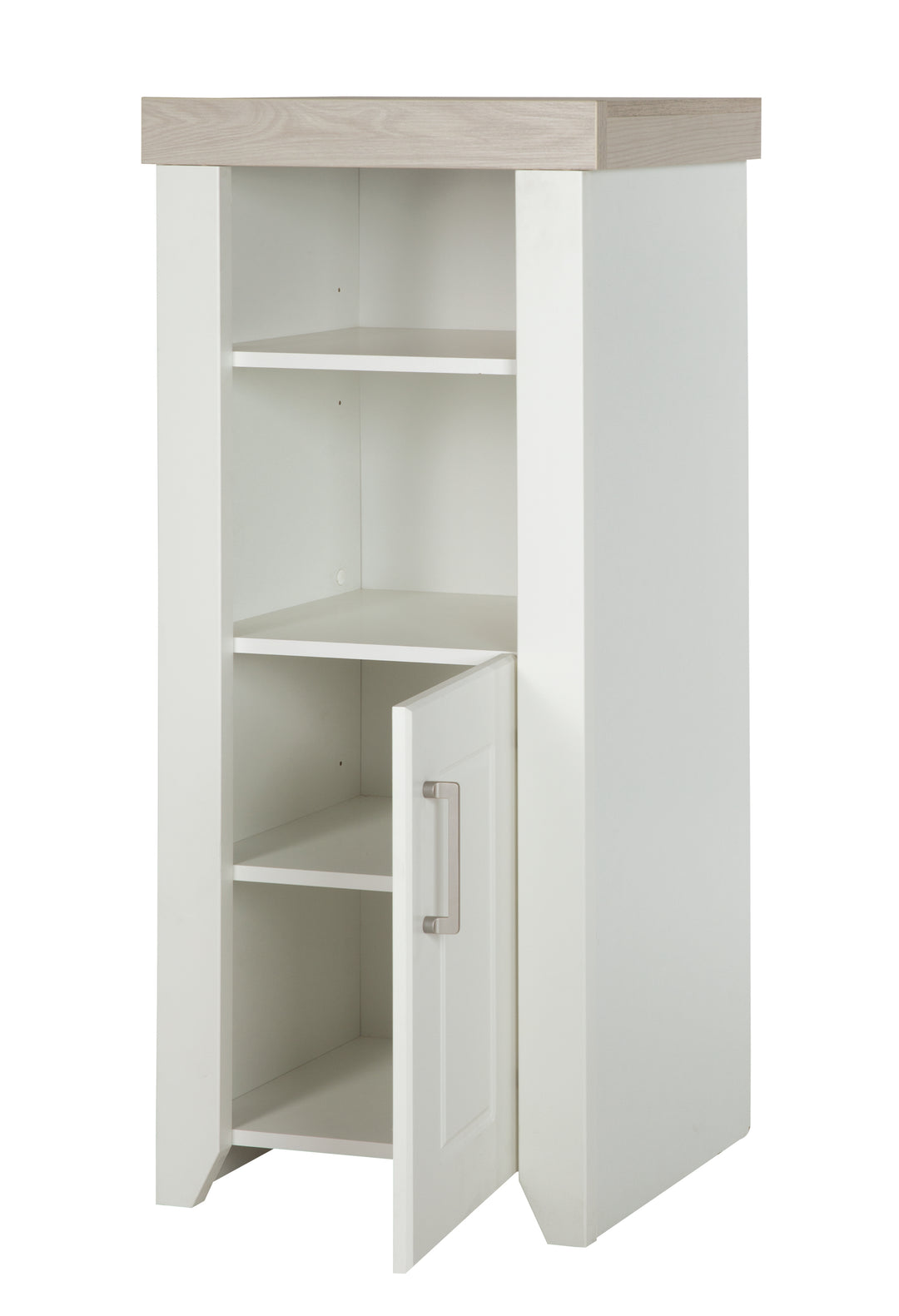 Estante independiente 'Felicia' con carcasa en decoración blanca, frentes Canadian White, cornisa en decoración Luna Elm