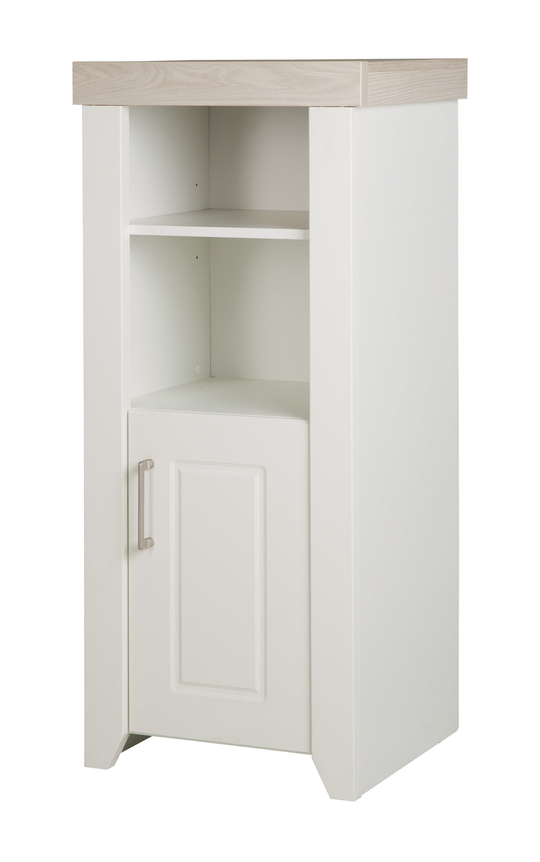 Estante independiente 'Felicia' con carcasa en decoración blanca, frentes Canadian White, cornisa en decoración Luna Elm