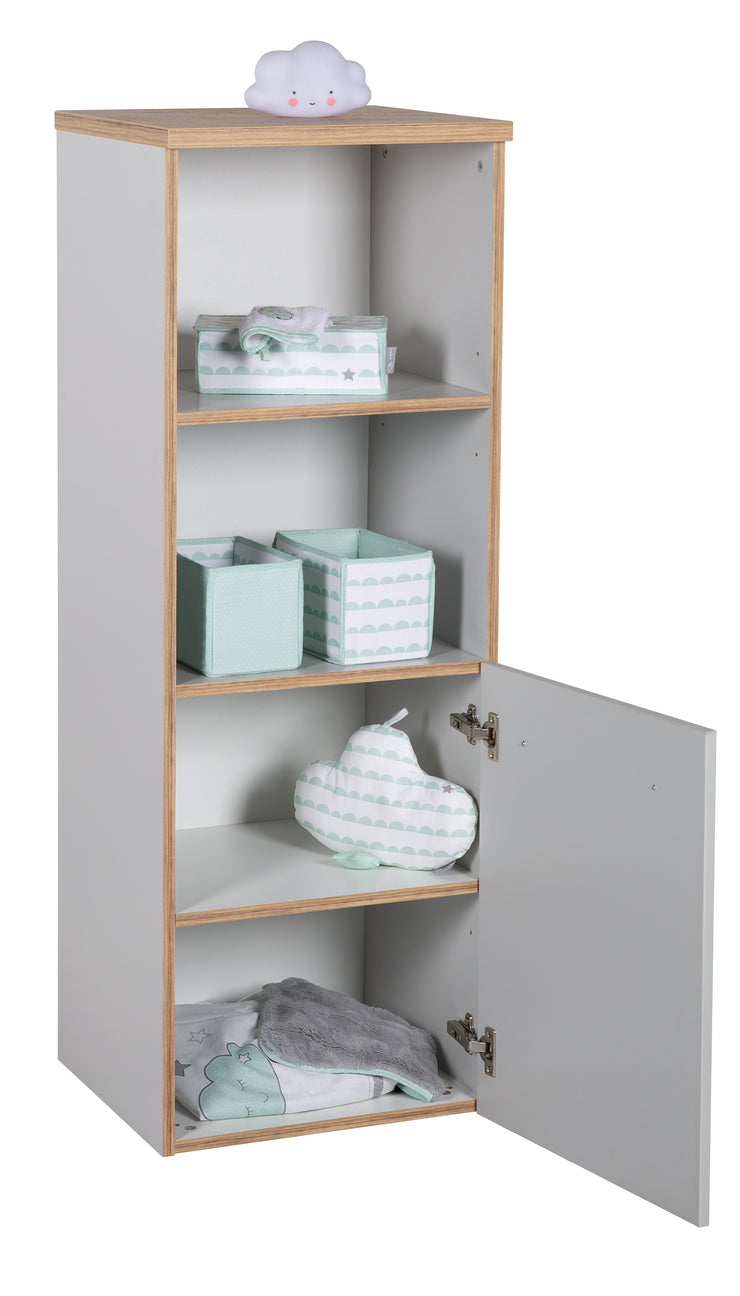 Stand shelf 'Tobi', made of wood for baby & nursery, soft-close technique, light grey / golden oak