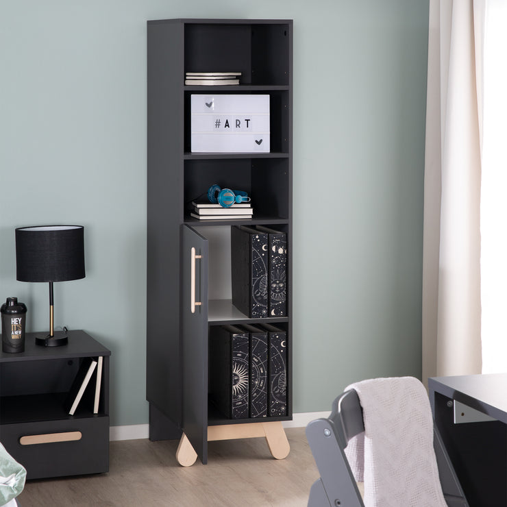 Standing shelf 'Jara', 3 open compartments, body in anthracite, solid wood feet & handles