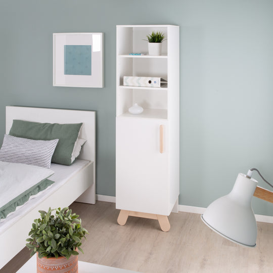 Standregal 'Clara', 3 offene Fächer, Korpus in Weiß, Füße & Griffe aus Massivholz