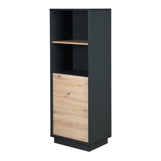 Standregal 'Lenn' - mit 2 offenen Fächern - Korpus in Anthrazit - Dekorative Tür in Holdekor 'Artisan Eiche'