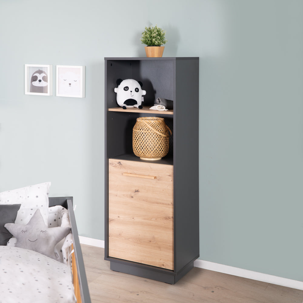 Standing Shelf 'Lenn' - with 2 Open Compartments - Anthracite Body - Decorative Door in 'Artisan Oak' Decor