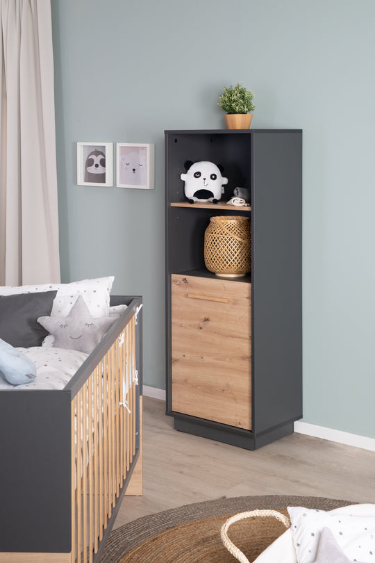 Standregal 'Lenn' - mit 2 offenen Fächern - Korpus in Anthrazit - Dekorative Tür in Holdekor 'Artisan Eiche'