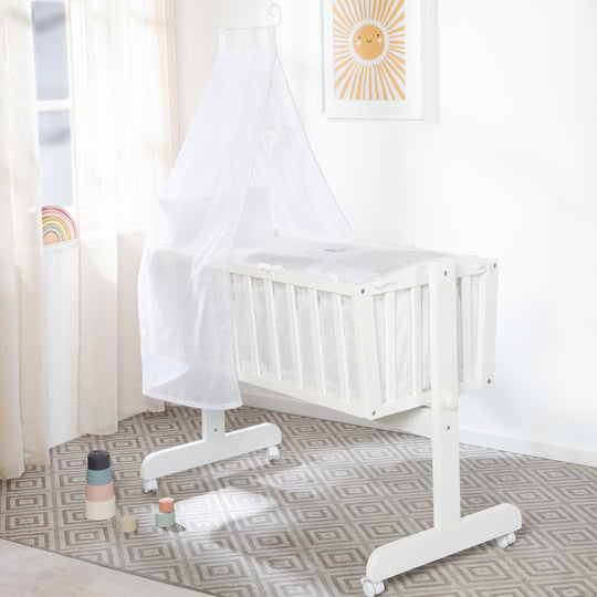 Complete Cradle Set 'Fox & Bunny', 40 x 90 cm, White, with Locking Function, Including Accessories