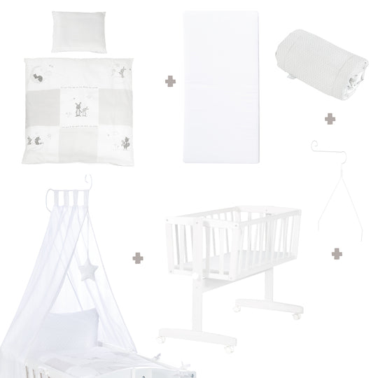 Complete Cradle Set 'Fox & Bunny', 40 x 90 cm, White, with Locking Function, Including Accessories