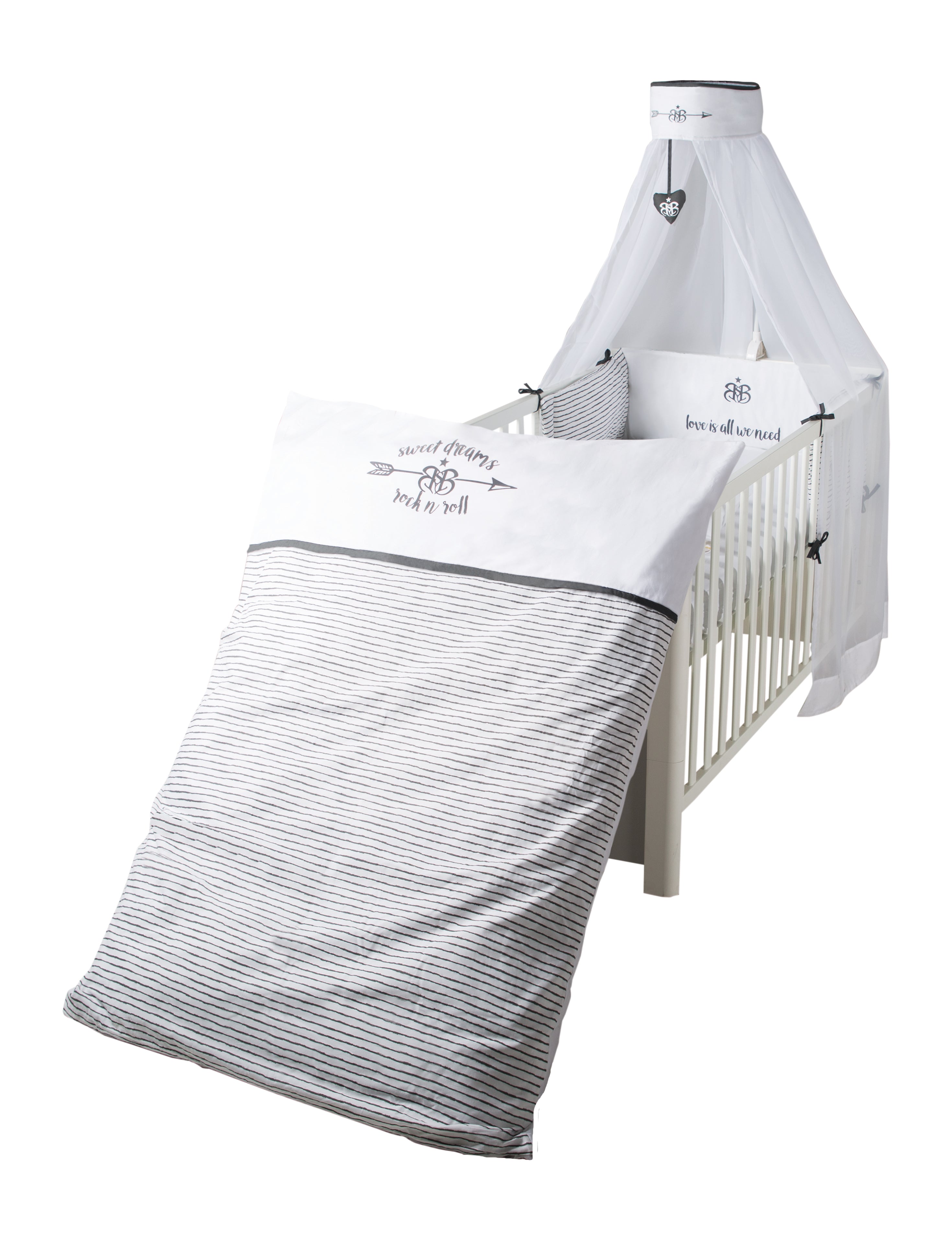 Bettgarnitur vierteilig, bestehend aus Bettwäsche 100 x 135 cm sowie Himmel & Nestchen (Kollektion: Rock Star Baby 3)