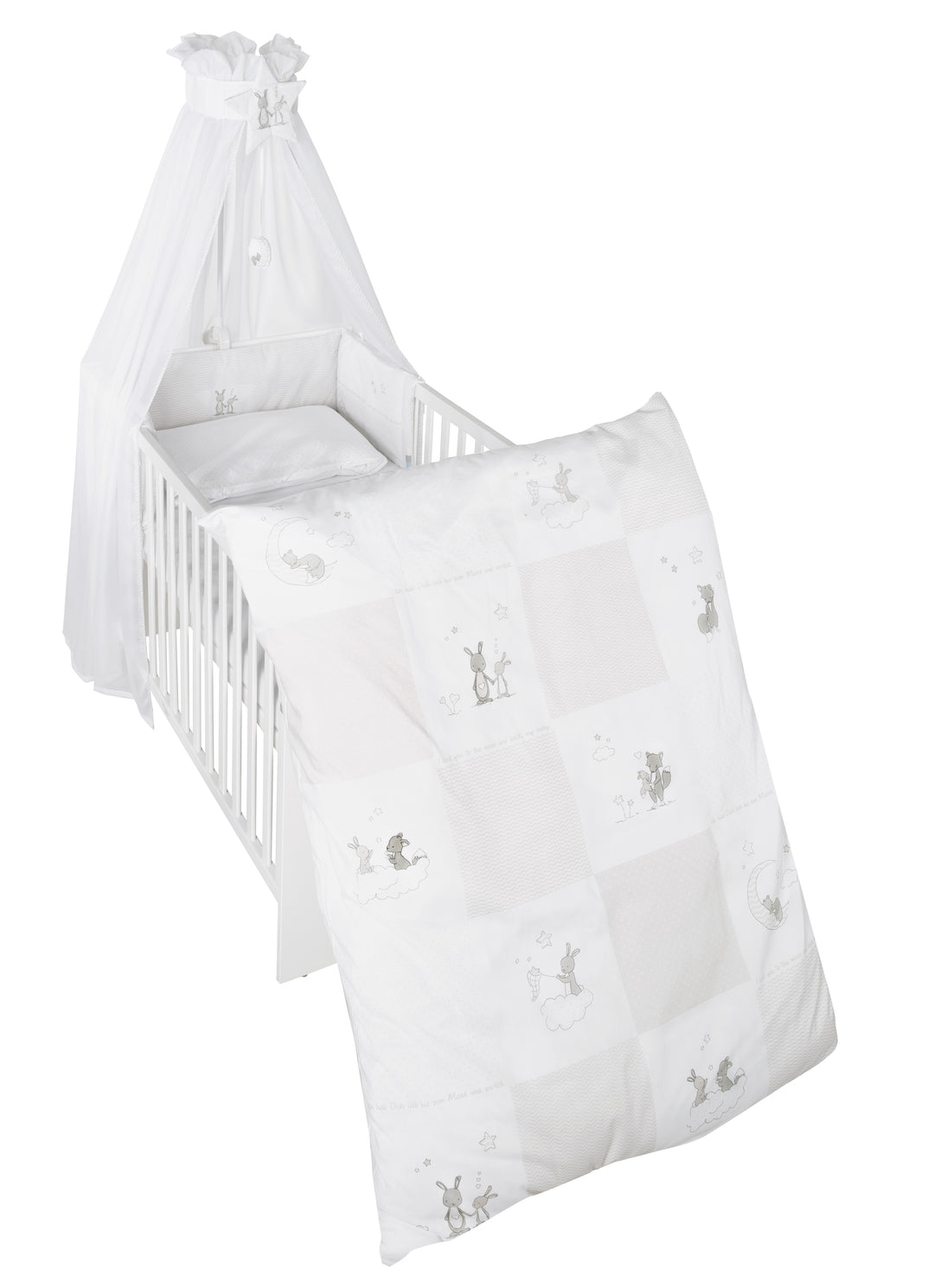 Children's Bedding Set 'Fox & Bunny', 4-Piece, Bedding Set with Bedding 100 x 135 cm, Bumper & Canopy