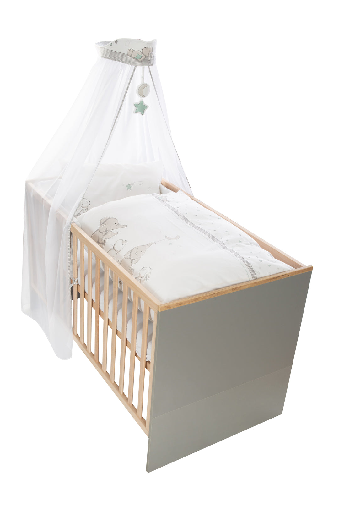 Juego de cama para niños 'Sternenzauber', 4 piezas, set de cama con ropa de cama 100 x 135 cm, protector de cuna y dosel