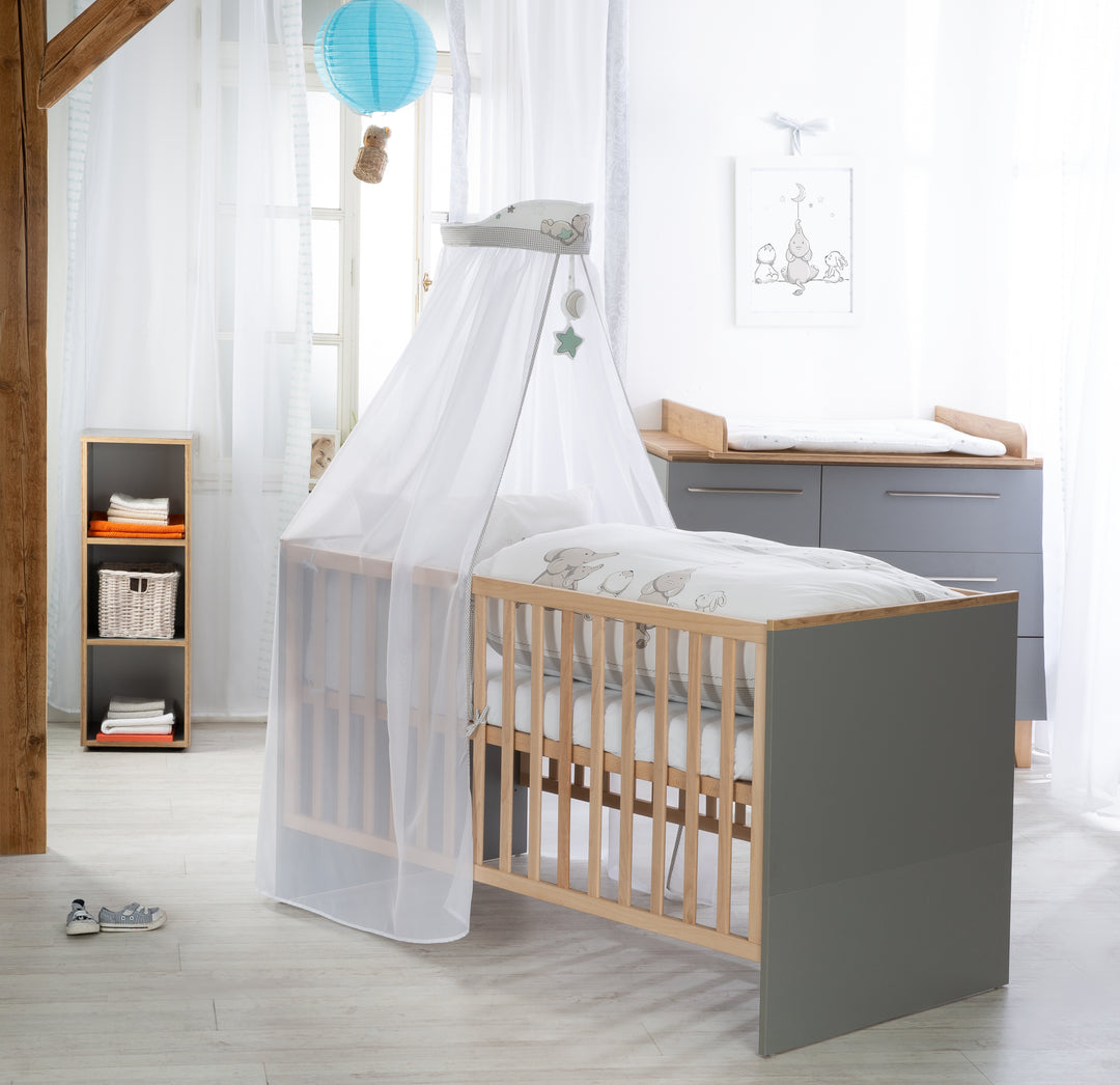 Juego de cama para niños 'Sternenzauber', 4 piezas, set de cama con ropa de cama 100 x 135 cm, protector de cuna y dosel