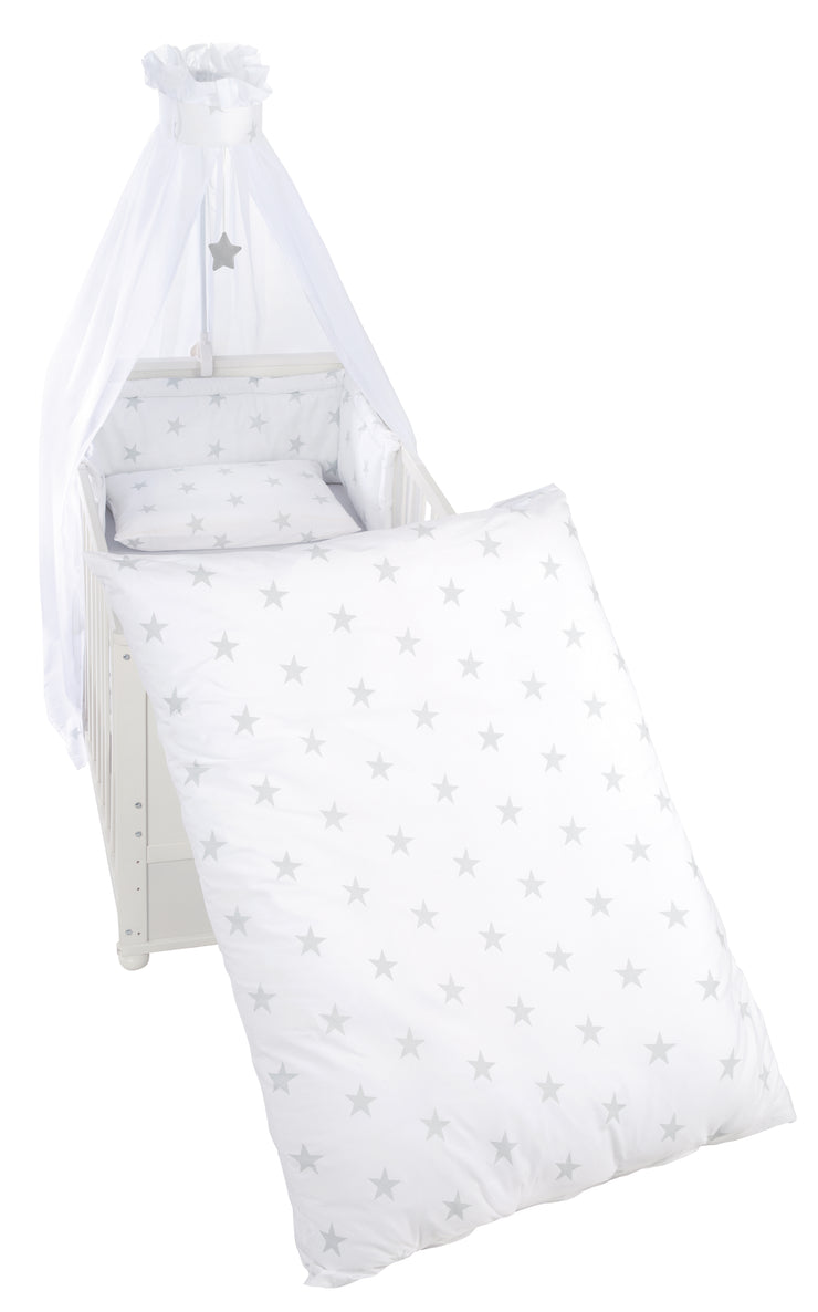 Set culla 4 pezzi "Little Stars", set letto con biancheria da letto 100 x 135 cm, nido e baldacchino