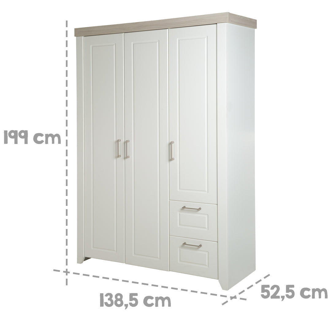 Armoire 'Felicia', 3 portes, 2 tiroirs, style maison de campagne moderne, blanc