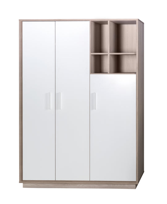 Wardrobe 'Olaf', 3 Swing Doors, with Open Shelf, White / Luna Elm