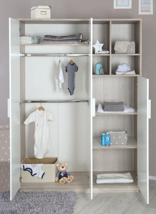 Wardrobe 'Olaf', 3 Swing Doors, with Open Shelf, White / Luna Elm