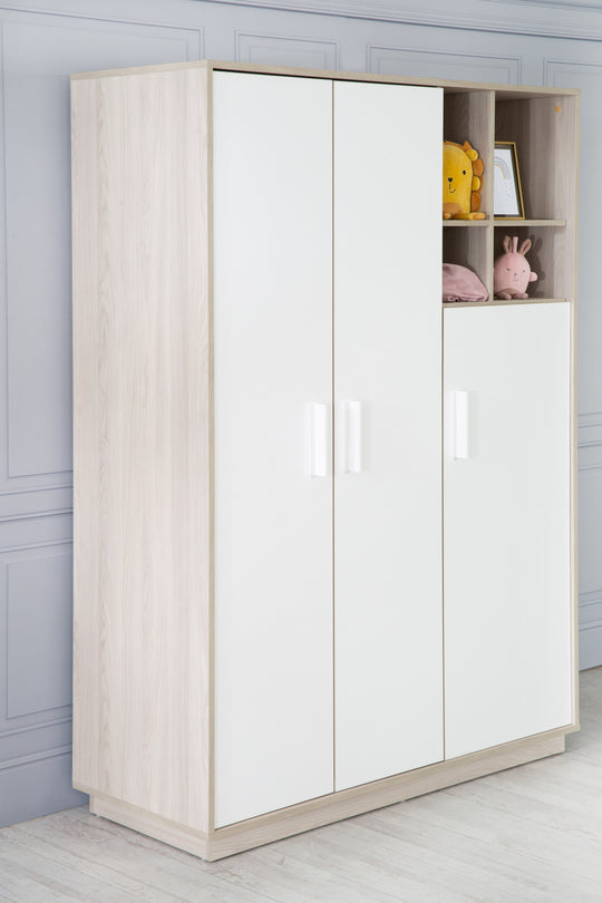 Wardrobe 'Olaf', 3 Swing Doors, with Open Shelf, White / Luna Elm