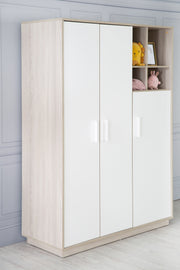 Wardrobe 'Olaf', 3 revolving doors, with open shelf, white / Luna Elm