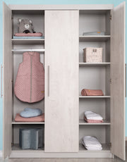 Armario 'Maren 2', 3 puertas, 6 estantes, armario con puerta giratoria, gris claro y blanco