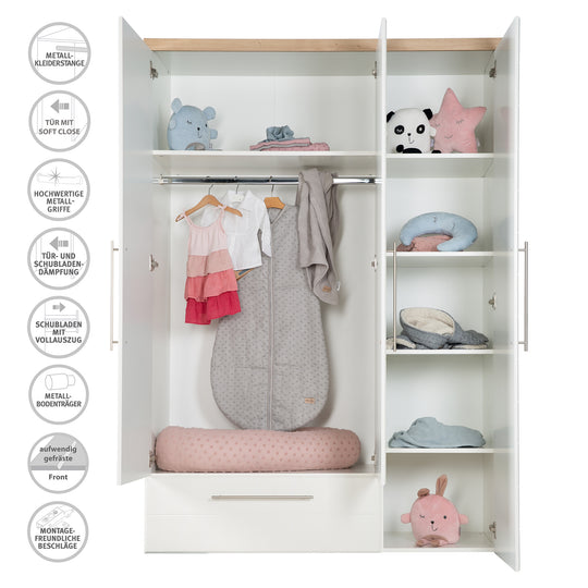 Armario 'Nele', 3 puertas, con fresado horizontal moderno, roble Artisan/blanco