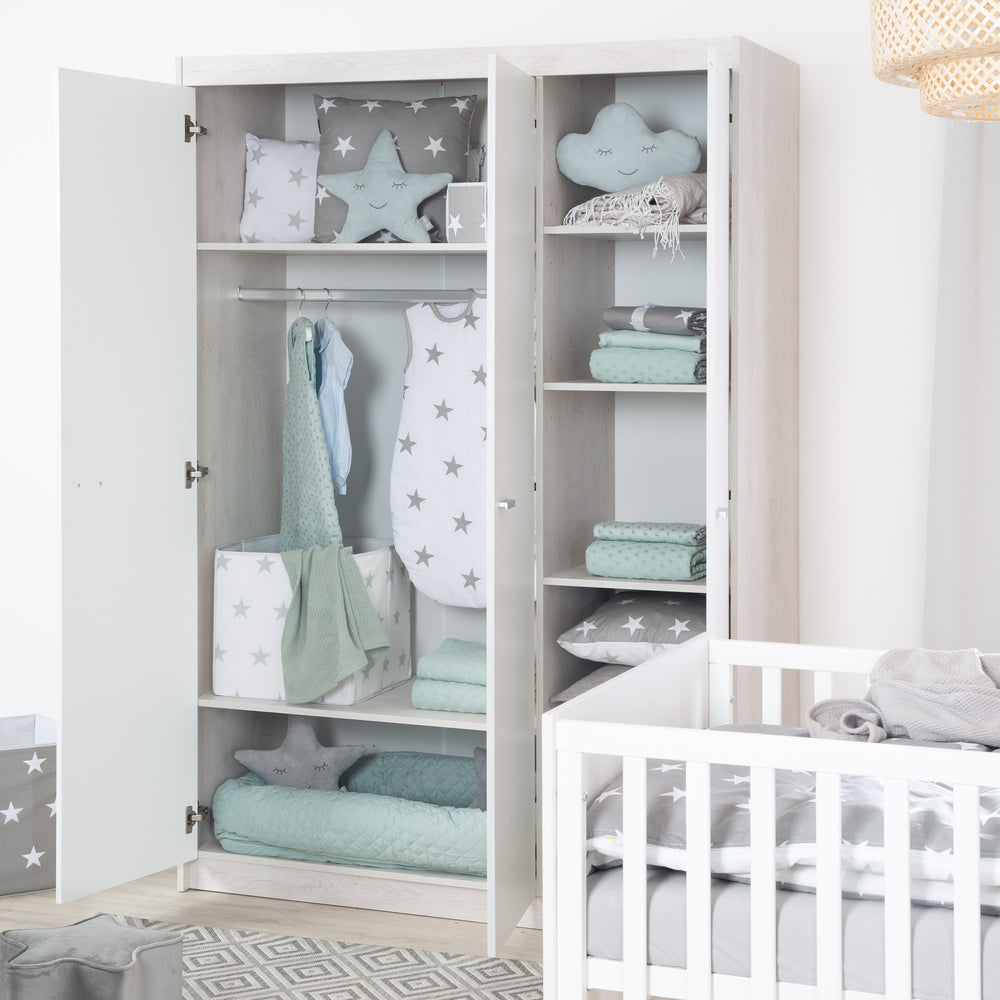 Armoire 'Julia' à 3 portes comprenant 1 rail de vêtements et 6 étages - blanc / orme lunaire